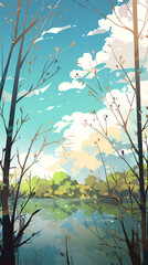 Wall Mural - Hand drawn cartoon illustration of forest lake scenery under blue sky
