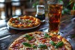 Tasty Salami Pizza with a soft drink on a restaurant table