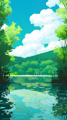 Wall Mural - Hand drawn cartoon illustration of forest lake scenery under blue sky
