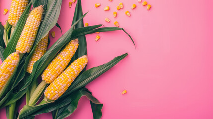 Canvas Print - Corn cob with green leaves on gradient pink background with copy space for text.