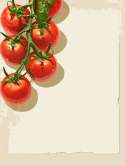 Canvas Print - Bunch of ripe tomatoes on vine on a plain background with blank piece of paper.