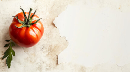 Canvas Print - Ripe tomato on a plain background with blank piece of paper.