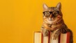 Bespectacled cat sitting on stack of books against yellow background