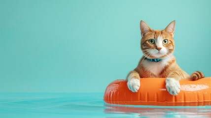 Orange tabby cat with turquoise collar sits on inflatable ring in water against background