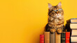 Brown tabby cat with glasses on top of stack books against yellow background