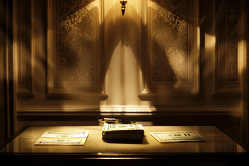 An elegantly lit scene with a dimly illuminated table set in a luxurious room, where two shadows cast on the wall appear to converge. In the center