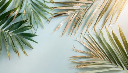 Canvas Print - tropical palm leaves on light blue background minimal nature summer styled flat lay image is approximately 5500 x 3600 pixels in size