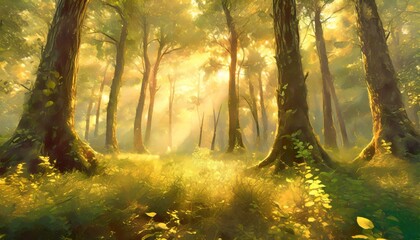 Canvas Print - fantasy nature forest floor trees nature green light forest landscape digital illustration generative ai