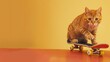 Orange tabby cat is poised playfully on miniature skateboard against warm yellow background