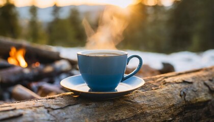 Sticker - blue enamel cup of hot steaming coffee sitting on an old log by an outdoor campfire extreme shallow depth of field with selective focus on mug