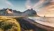 majestic summer scene of stokksnes headland with vestrahorn batman mountain on background unbelievable evening view of iceland europe beauty of nature concept background