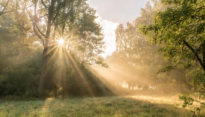 Wall Mural - luminous rays of sunlight shining through the mist and green foliage in a forest clearing a panoramic landscape