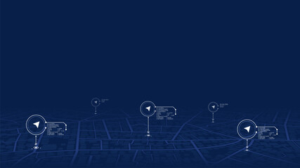 Abstract pins, icons on the city map. Transportation delivery, map location. Background road map with distance data. Vector illustration transport logistics, tourism navigation. Vector illustration