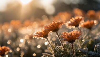 Canvas Print - bright orange flowers glistening with morning dew highlighted by the sun s rays and soft bokeh lights