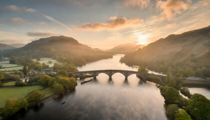 Canvas Print - skelwith bridge and loughrigg aerial sunrise lake district england