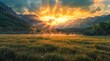 Sunset over the meadow with mountains in the background. Summer landscape.