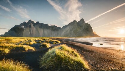 Sticker - majestic summer scene of stokksnes headland with vestrahorn batman mountain on background unbelievable evening view of iceland europe beauty of nature concept background