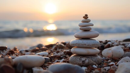 Sticker - A stack of rocks on a beach with the sun setting in front, AI