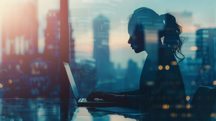 business banner background, businesswoman working with laptop against the scene of building background at sunset