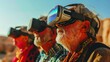 A group of old aged person experiencing VR in a tourist spot with a big space for text or product, Generative AI.