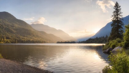 Canvas Print - panoramic view of buntzen lake surrounded by canadian mountain landscape sunny summer evening located in anmore vancouver british columbia canada nature background panorama