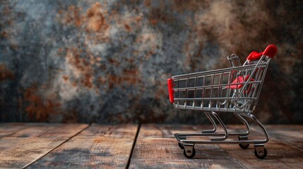 Wall Mural - A small shopping cart sitting on a wooden floor with scissors in it, AI