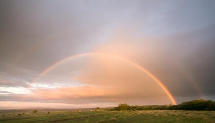 Poster - landscape with sky after rain at sunset with rainbow