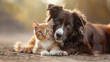 Fototapeta  - Dog and cat in playful harmony, capturing a moment of joyful connection
