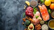 A variety of foods including salmon, avocado and nuts, AI