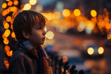 Wall Mural - Portrait of a little boy on the background of Christmas lights.