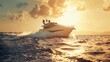 luxurious yacht speeding on open sea with golden sunset and splashing waves