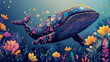 A whimsically illustrated whale adorned with vibrant floral and folk patterns, floating amidst stylized aquatic flora