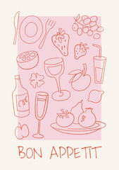 Aufkleber - Vector abstract hand-drawn illustration in simple linear minimal style, food icons, cafe and coffee shops posters and prints