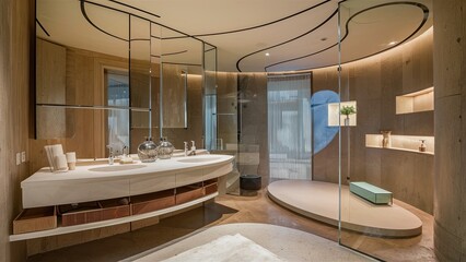 Wall Mural - Mockup of a modern style luxury bathroom with wooden shelves, lights and glass in a sumptuous villa