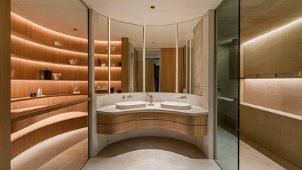 Wall Mural - Mockup of a modern style luxury bathroom with wooden shelves, lights and glass in a sumptuous villa