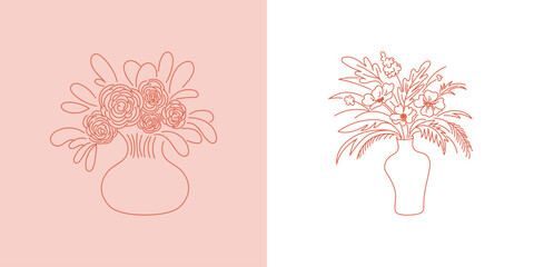 Aufkleber - Vector abstract hand-drawn illustration in simple linear minimal style, floral decoration and frame for prints, invitations, cards