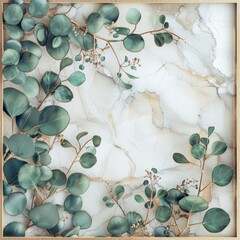 Wall Mural - Eucalyptus leaves on a white background. Frame made of eucalyptus branches.