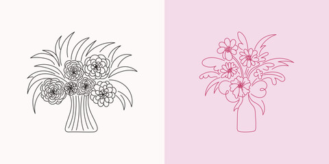 Fototapete - Vector abstract hand-drawn illustration in simple linear minimal style, floral decoration and frame for prints, invitations, cards