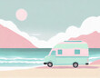 illustration pink green camping van pastel color ocean sun
