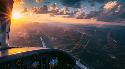 Wall Mural - generative ai : aerial sunset view over the blue ridge mountains from the cockpit of a private aircr