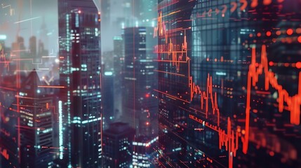 Fototapete - Generative AI : Economic crisis concept shown by declining graphs and digital indicators overlap modernistic city background. Double exposure.