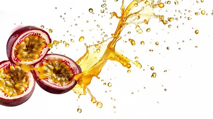 Poster - Generative AI : Red passion fruit with passionfruit juice splash flying in the air isolated on white background