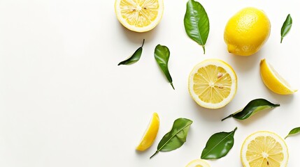 Wall Mural - Generative AI : Whole and half sliced lemon with green leaves isolated on white background. Top view. Flat lay.