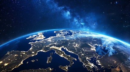 Poster - Generative AI : Beautiful planet earth with night city lights. Europe and Africa at night viewed from space with city lights showing human