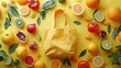 A yellow textile back on yellow background surrounded by fresh organnic citrus, fruits and vegetables.