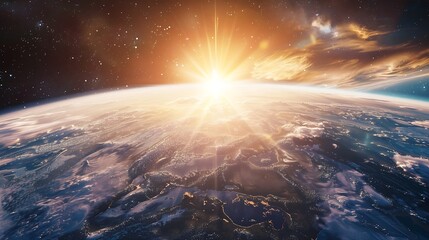 Poster - Generative AI : Panoramic view of the Earth, sun, star and galaxy. Sunrise over planet Earth, view from space.