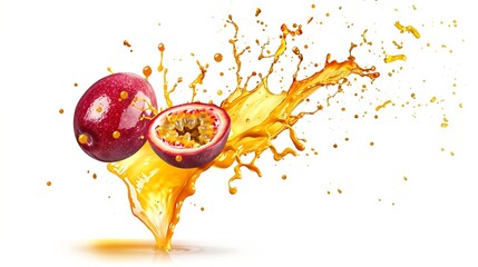 Poster - Generative AI : Red passion fruit with passionfruit juice splash flying in the air isolated on white background