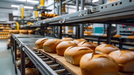 Wall Mural - Bread bakery factory. Mass automated conveyor bread production