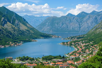 A beautiful mountain lake with a town on the shore