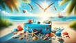 Whimsical still life of a teal suitcase adorned with sea stars and shells, capturing the essence of a magical beach vacation.